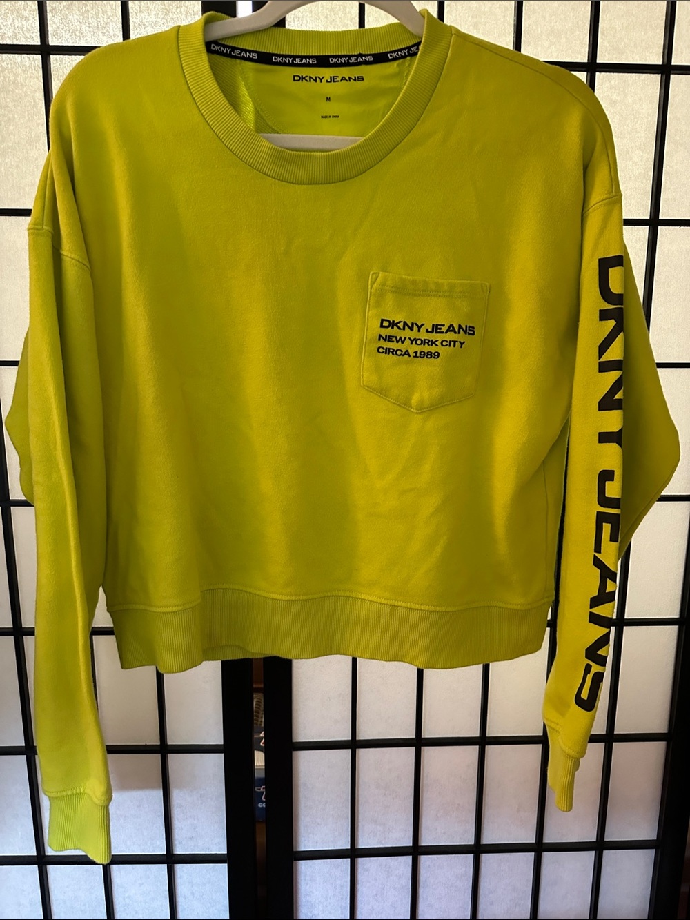 Very, very cool DKNY Neon Lime Crewneck Sweatshirt with Black Sleeve Logo